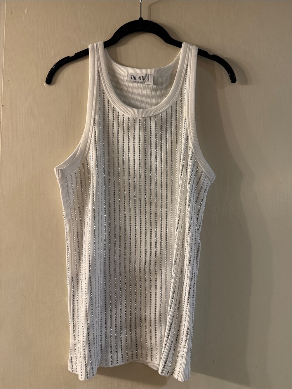 The Attico White Ribbed Tank Top with Rhinestone Stripes